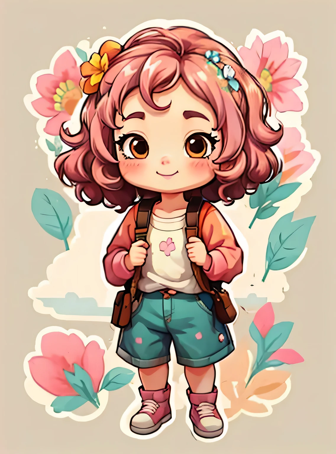 uma  de cinco anos、Um sorriso、short and non-binary person, cabelo rosa ondulado e olhos castanhos、fundo com flores