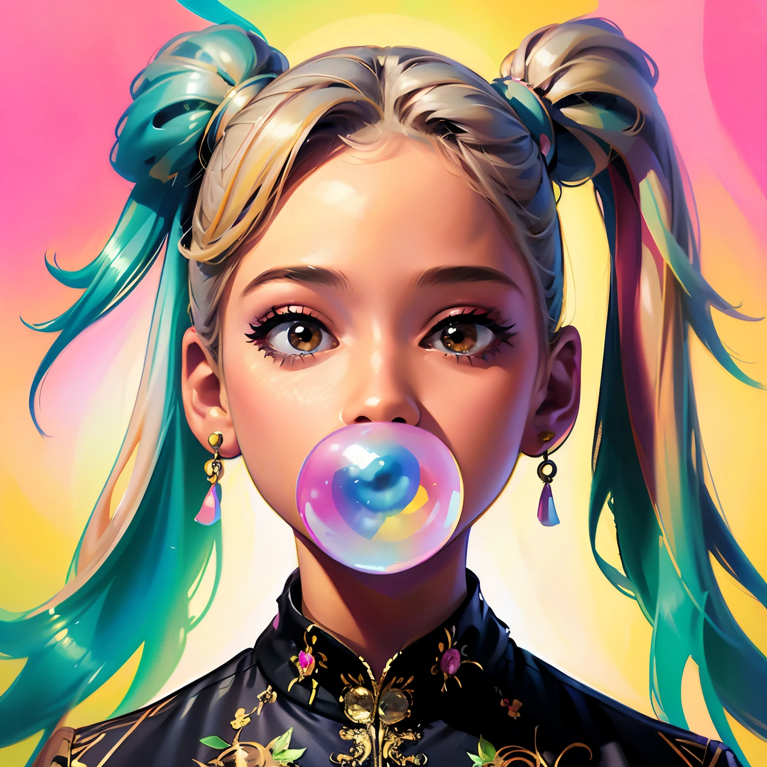 Portrait of a woman in clothes on a light background. digitalpainting, higly detailed, Bright, but harmonious colors. Different postures and joy on the face. digital art cartoon, full color illustration. Bubbke gum, blowing bubble