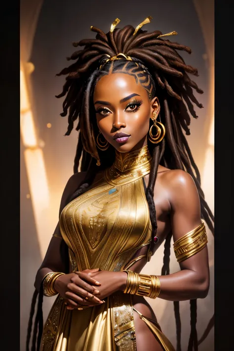 masterpiece, best quality, 1woman with dreads and a fancy luxurious dress posing for a picture, dark skin female, inspired by Ma...