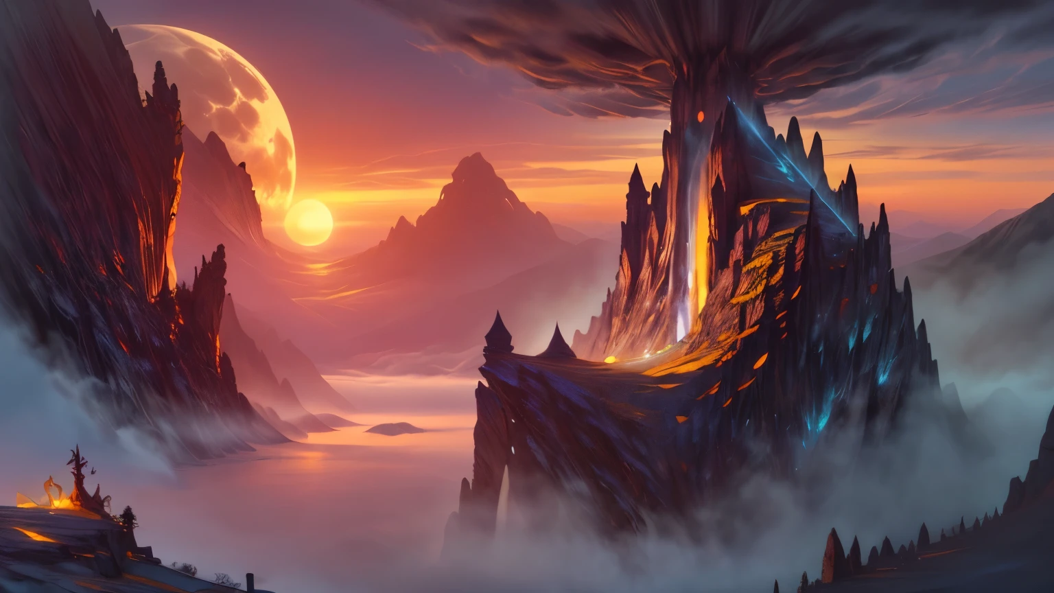 Arte De Fantasía, arte de juego de rol, tiro súper amplio, CRUDO, natural，Imágenes de Dragón Oscuro&#39;guarida, La niebla se eleva desde el suelo, ahora es de noche, La luna sale en el horizonte, El dragón ruge en la montaña.，Al lado del dragón hay una montaña de oro.,El oro se acumula en el dragón.&#39;guarida，