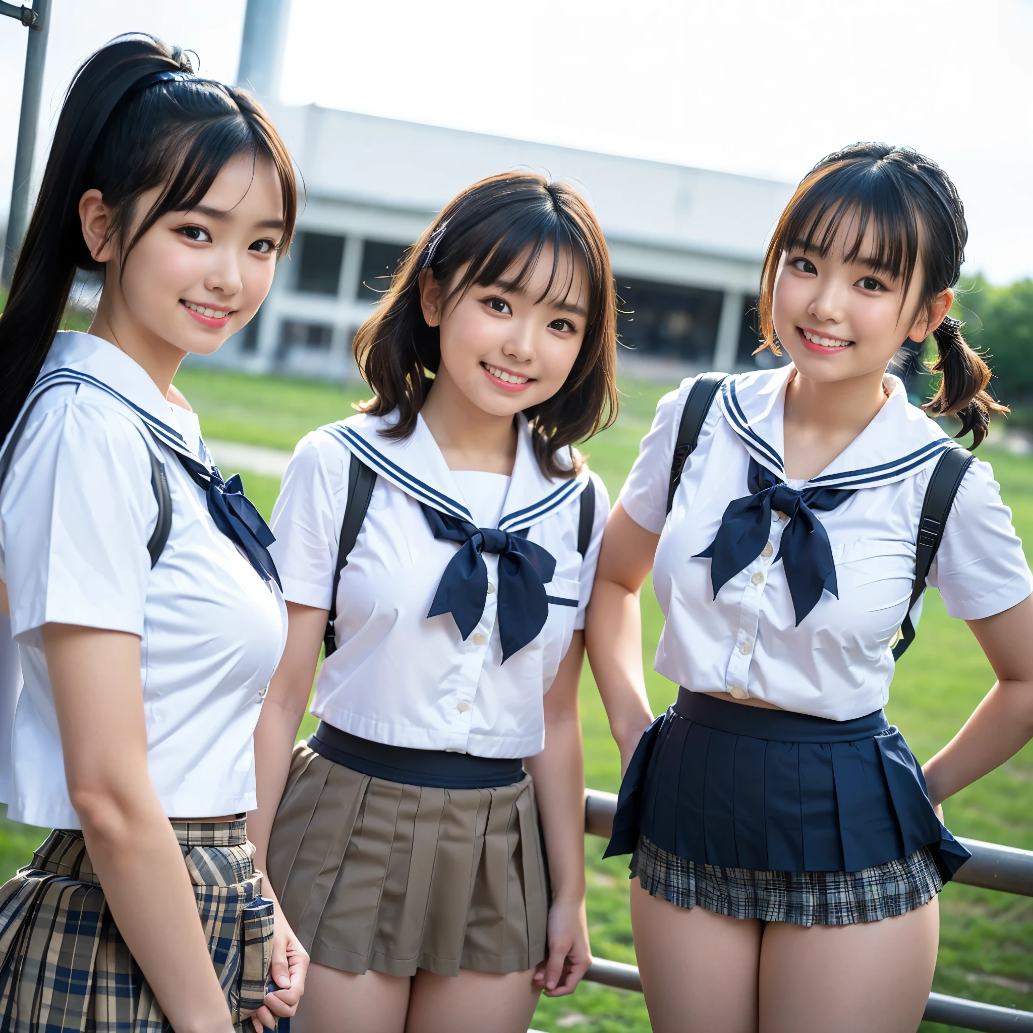 （8K、Raw photography、highest quality、masterpiece：1.2),(black hair:1.5),(Mr..々cute hairstyle、bob cut、very short hair、ponytail、twin tails:1.4),(high school girl、All Beautiful Girls、Bishoujo Group、Wearing red and beige school uniforms:1.6)、(plaid skirt: 1.2)、(Clothing that emphasizes the shape of your chest、big breasts:1.6)、(Group attendance at school:1.4)、ultra high resolution,(rural area:1.2)、(japanese women: 1.2),（Photoreal：1.37）、photon mapping,reality、(They all look like idols and are cute: 1.7)、(cute smile: 1.7)、(round face: 1.8)、(baby face: 1.2)、radio city、Physically based rendering、depth of field rally background、photograph, (Wearing a skirt that is too short: 2.0)、(super mini skirt、The skirt is short and white pants are visible.:1.6),(all wearing very short skirts、angle from below、Thighs look good: 1.7)、whole body、super fine