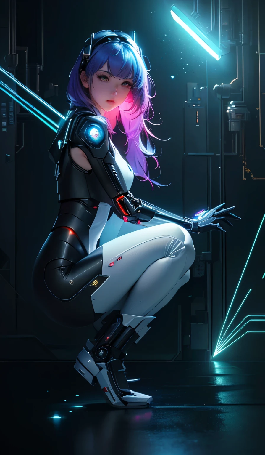 ((top-quality)), ((tmasterpiece)), ((hentail realism)), (detaileds), (Photorealsitic:1.5), Futuristic girl, jpn,(Thick body), (White bodysuit), 23years old,Lights on armor, Cybernetic headdress, Belly exposure,Looking at the camera, dynamicposes, scientific fiction, hdr, Ray traching, NVIDIA RTX, Hyper-Resolution, Unreal 5, Sub-surface scattering, PBR Texture, post-proces, Anisotropy Filtering, depth of fields, Maximum clarity and sharpness, the rule of thirds、8K raw data、(Luminous Particle:1.4)、(extremaly detailed cg、Unity 8k Wallpapers、。.3D、lighting like a movie、lense flares)、Reflectors、foco nítido、Cyberpunk art of a、Cyberpunk architecture、