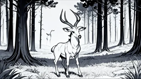 cartoon, thick lines, low detail, black and white, no shading , no colour , Antelope, Juggernaut, Generate an image of a realistic antelope standing gracefully in its natural habitat. The antelope should have long, slender legs, a slender body, and curved ...