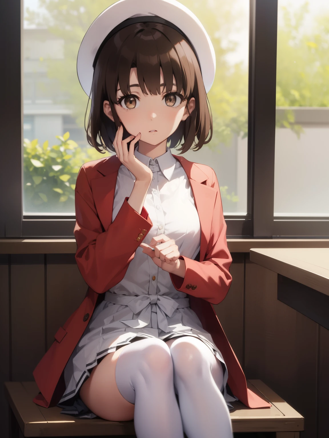 katoumegumi, megumi katou, brown hair, short hair, (brown eyes:1.7), 
BREAK hat, jacket, long sleeves, thighhighs, white headwear, white thighhighs, dress, white dress, (red jacket:1.5), (white hat:1.5), open cardigan, open clothes,
BREAK looking at viewer,
BREAK indoors, classroom,
BREAK (masterpiece:1.2), best quality, high resolution, unity 8k wallpaper, (illustration:0.8), (beautiful detailed eyes:1.6), extremely detailed face, perfect lighting, extremely detailed CG, (perfect hands, perfect anatomy),