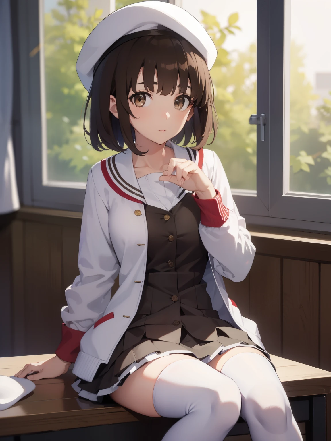 katoumegumi, megumi katou, brown hair, short hair, (brown eyes:1.7), 
BREAK hat, jacket, long sleeves, thighhighs, white headwear, white thighhighs, dress, white dress, (red jacket:1.5), (white hat:1.5), open cardigan, open clothes,
BREAK looking at viewer,
BREAK indoors, classroom,
BREAK (masterpiece:1.2), best quality, high resolution, unity 8k wallpaper, (illustration:0.8), (beautiful detailed eyes:1.6), extremely detailed face, perfect lighting, extremely detailed CG, (perfect hands, perfect anatomy),