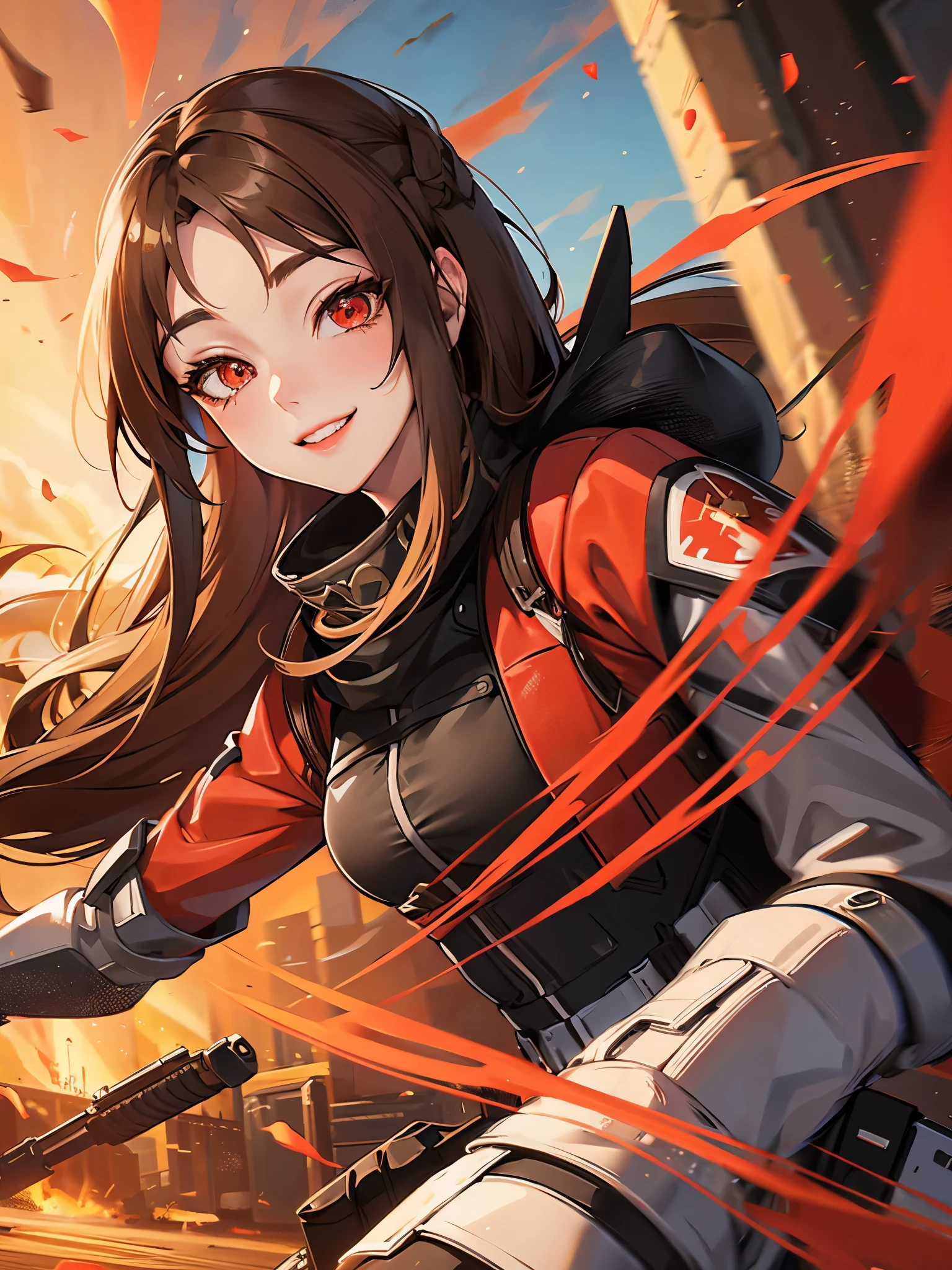 Young woman, brown hair, long hair, red eyes, red tactical gear, smiling, wildlife controller