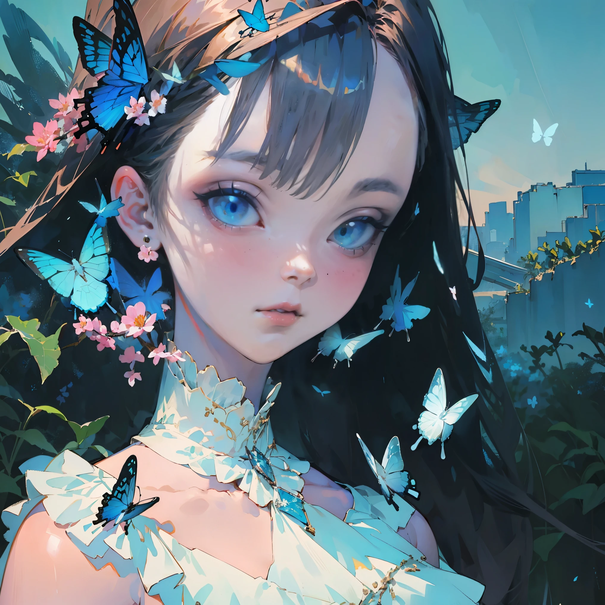 (calidad superior, obra maestra, Súper realista), Retrato de una hermosa y delicada niña con una expresión suave y triste, El paisaje en el fondo es un jardín con arbustos en flor y mariposas volando en tonos azules.