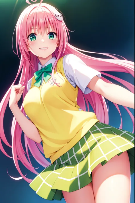 bangs, long hair, green eyes, hair between eyes, hair ornaments, pink hair, Ahoge, 最高のsmile, low person, (white shirt:1.3),  (Yellow vest:1.3), light blue bow tie, Upper body, (Green checked skirt:1.3), highest quality, High resolution, unity 8k wallpaper,...
