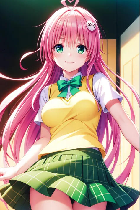 bangs, long hair, green eyes, hair between eyes, hair ornaments, pink hair, Ahoge, 最高のsmile, low person, (white shirt:1.3),  (Yellow vest:1.3), light blue bow tie, Upper body, (green check skirt:1.3), highest quality, High resolution, unity 8k wallpaper, (...