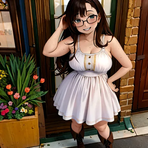 (masterpiece, best quality:1.2), 1girl, solo, 1girl, woman in light fabric sundress, long boots ((cute and smiling expression), standing on the sidewalk, long legs, very big thighs, narrow shoulders,, large nose, asymmetrical hair, hand on hip, thick rimme...