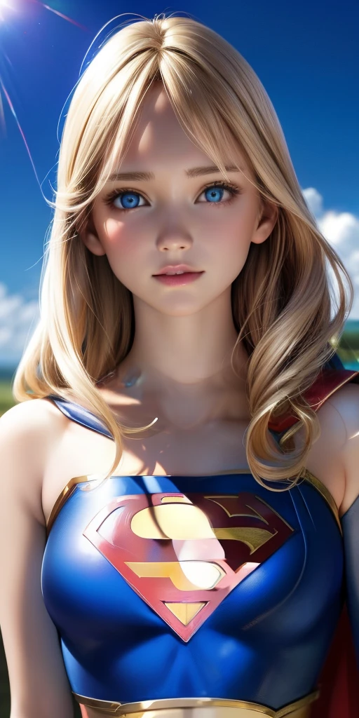 réaliste、1 fille、(Super Girl)、silhouette complète du corps:1.5、bottes、cheveux blond、yeux bleus、明るいyeux bleus、haut court、(Pop de poitrine、Jupe Markini à tétons)、Lèvres entrouvertes、Rougir、nuit、fleur、Soleil、Soleillight、A la lettre S pour Superman sur la poitrine。