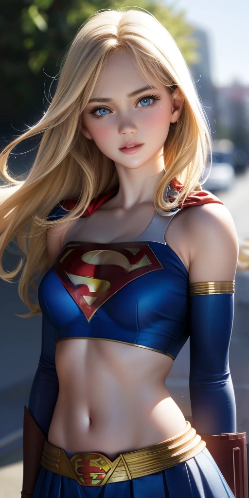 Realistic、1 girl、(super girl)、full body figure、boots、blonde hair、blue eyes、明るいblue eyes、cropped top、Chest pop、Nipple markini skirt、Lips parted、blush、night、flower、sun、sunlight、Has the letter S for Superman on the chest。