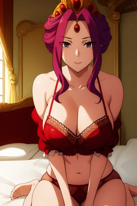 indoors,bedroom,
sitting on bed,
bare shoulders, barefoot, cleavage, collarbone,lace,red lingerie,navel,red panties, bare arms,
see-through,thighs,red underwear, garter straps,thighhighs,red bra,garter belt with red pantyhose,
purple_hair, purple_eyes, Ban...