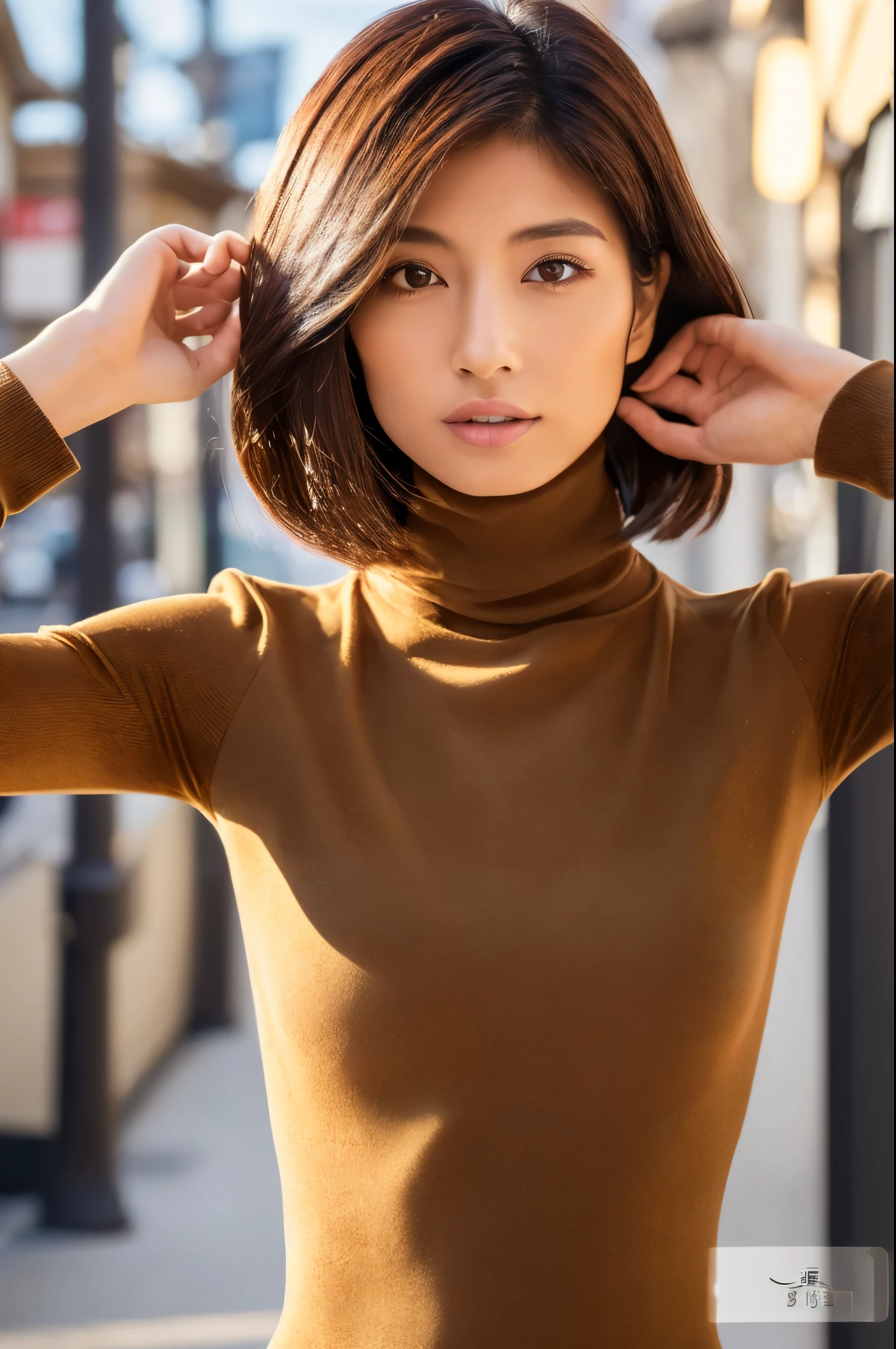 ((top-quality, in 8K, masterpiece:1.3)), Beautiful Japanese woman, perfect body:1.4, Slim abs:1.2, ((Medium Hair, straight haired:1.2)), (turtle neck:1.1), (a street:1.2), wetbody:1.5, Three-dimensional texture, A detailed eye, Brown hair, Very shiny hair, posterior view