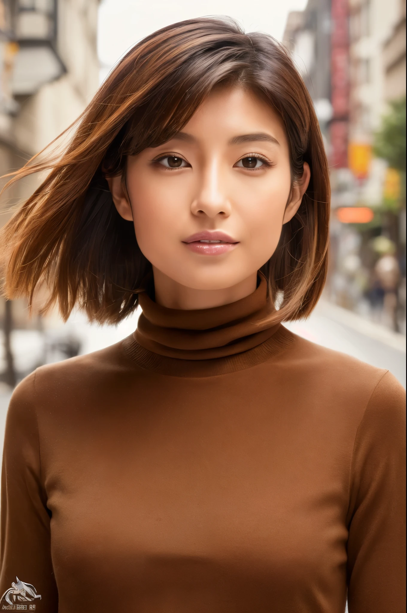 ((top-quality, in 8K, masterpiece:1.3)), Beautiful Japanese woman, perfect body:1.4, Slim abs:1.2, ((Medium Hair, straight haired:1.2)), (turtle neck:1.1), (a street:1.2), wetbody:1.5, Three-dimensional texture, A detailed eye, Brown hair, Very shiny hair, posterior view