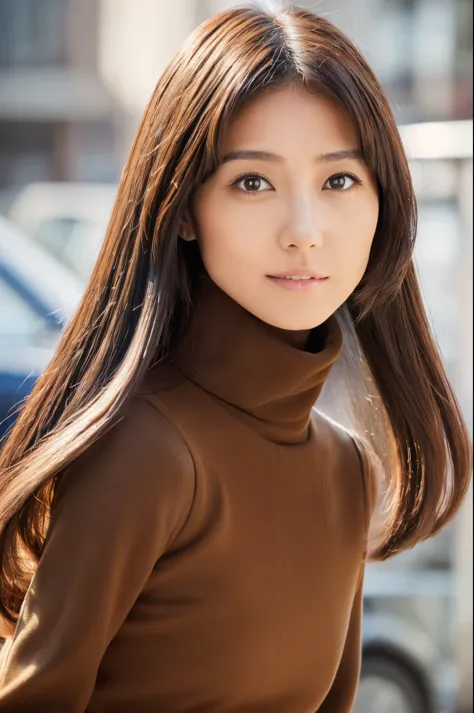 ((top-quality, in 8K, masterpiece:1.3)), Beautiful Japanese woman, perfect body:1.4, Slim abs:1.2, ((Medium Hair, straight haired:1.2)), (turtle neck:1.1), (a street:1.2), wetbody:1.5, Three-dimensional texture, A detailed eye, Brown hair, very thin waist,...