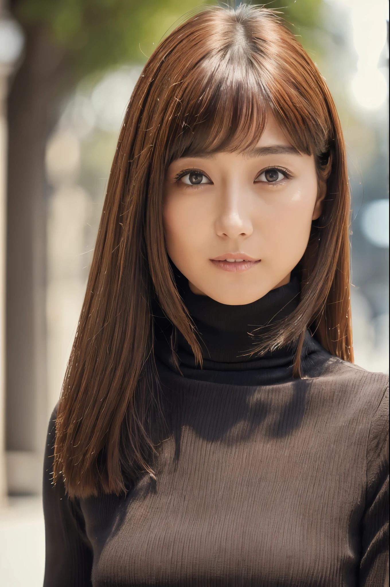 ((top-quality, in 8K, masterpiece:1.3)), Beautiful Japanese woman, perfect body:1.4, Slim abs:1.2, ((Medium Hair, straight haired:1.2)), (turtle neck:1.1), (a street:1.2), wetbody:1.5, Three-dimensional texture, A detailed eye, Brown hair, very thin waist, posterior view