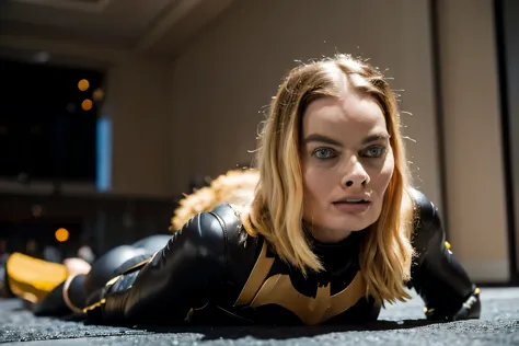 margot robbie, short blonde hair, batgirl suit, passed out on the floor in a very dramatic scene, serious look, photorealistic portrait, dramatic, cinematic, overcast, full body, angle, 4k resoltion, hyperdetailed, dramatic scene