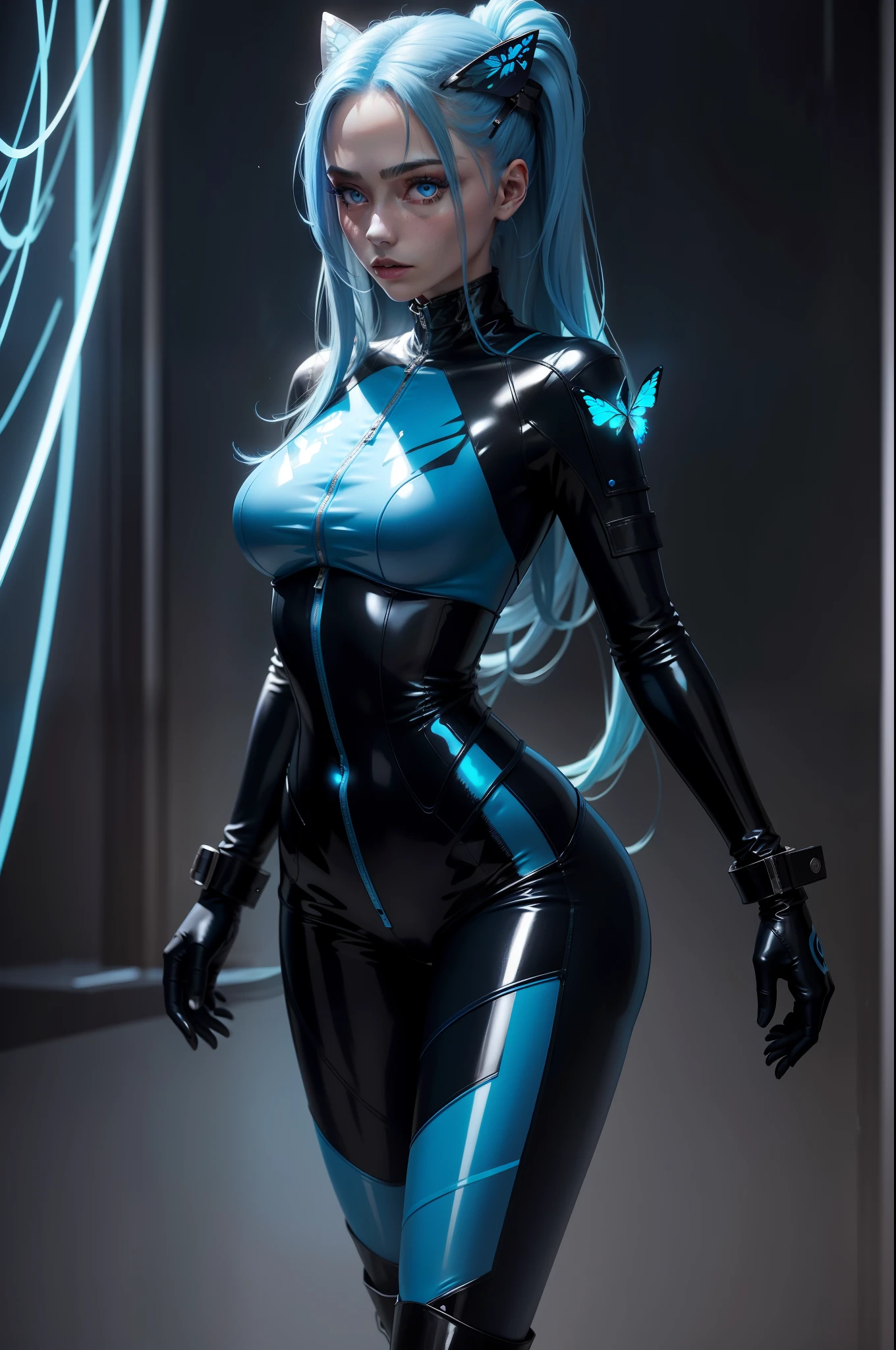 Glowing blue butterfly，Blue skinny latex jacket，latex，agent，1girll，blue colors，Long blue hair， Masterpiece, Best quality,A high resolution,Detail enhancement，best qualtiy，Perfect image quality，Cool and elegant，Beautiful and gentle，cyber punk perssonage