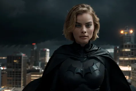 margot robbie, short blonde hair, batgirl suit, black cape, jumping from the top of a building, serious look, photorealistic portrait, dramatic, cinematic, overcast, high angle, 4k resoltion, hyperdetailed