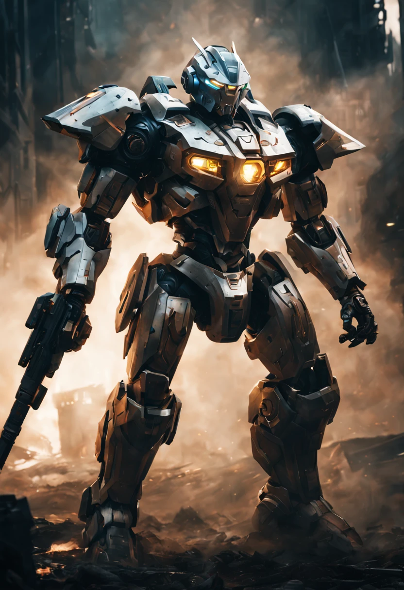 "A futuristic Mecha Warrior in a sci-fi battlefield, wearing a sleek, metallic armor with glowing LED lights. The warrior has a fierce expression and determined eyes, radiating confidence. The armor is highly detailed, with intricate mechanical parts and powerful weaponry. The battlefield is filled with debris and smoke, showcasing the aftermath of a fierce battle. The lighting is dramatic, with rays of sunlight piercing through the thick smoke, creating a contrast between light and shadow. The color palette is dominated by cool tones, enhancing the futuristic atmosphere. The artwork is of the highest quality, with ultra-detailed rendering and an emphasis on realistic textures. The final image should be a masterpiece, capturing the epicness and intensity of the Mecha Warrior's presence."