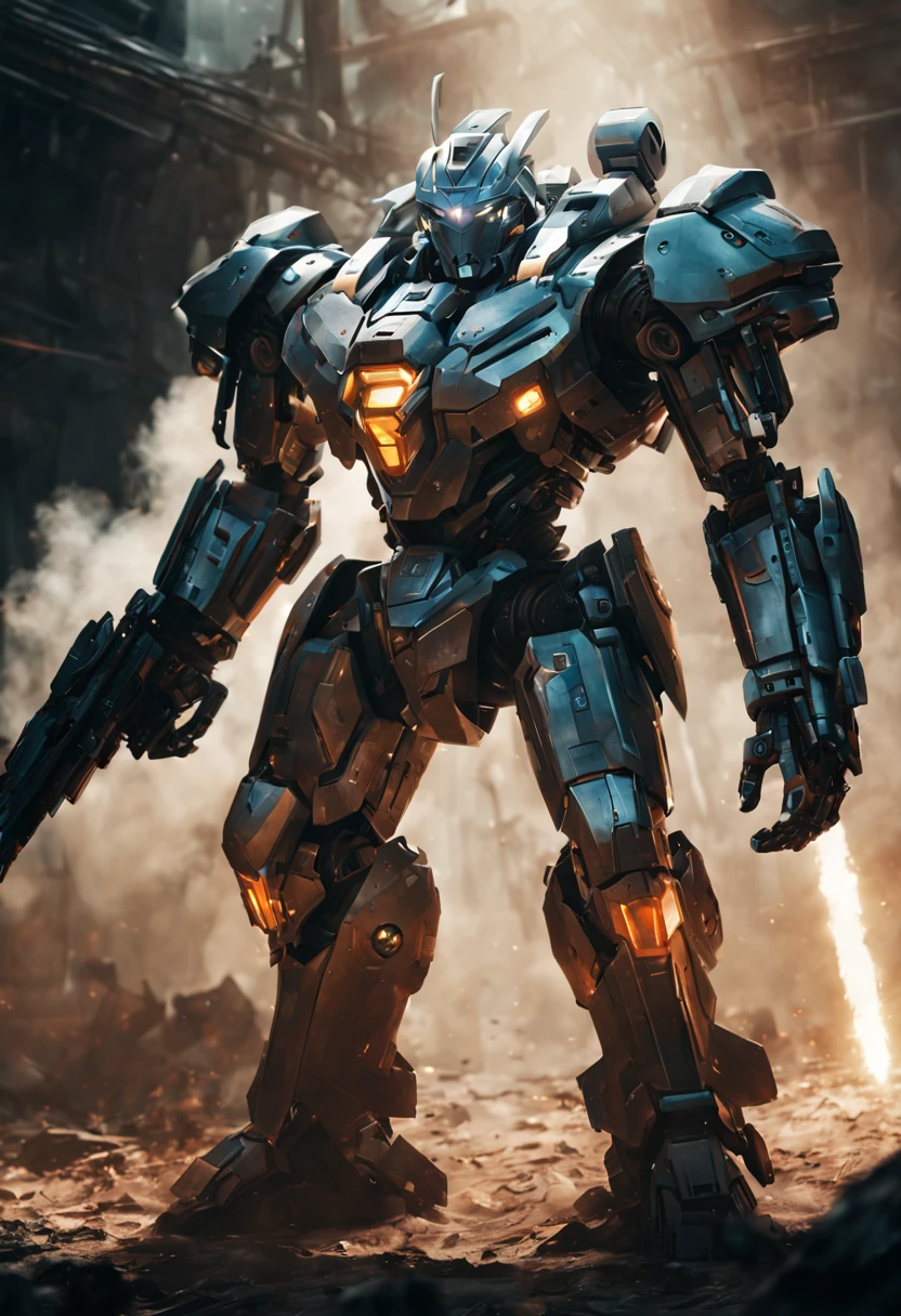 "A futuristic Mecha Warrior in a sci-fi battlefield, wearing a sleek, metallic armor with glowing LED lights. The warrior has a fierce expression and determined eyes, radiating confidence. The armor is highly detailed, with intricate mechanical parts and powerful weaponry. The battlefield is filled with debris and smoke, showcasing the aftermath of a fierce battle. The lighting is dramatic, with rays of sunlight piercing through the thick smoke, creating a contrast between light and shadow. The color palette is dominated by cool tones, enhancing the futuristic atmosphere. The artwork is of the highest quality, with ultra-detailed rendering and an emphasis on realistic textures. The final image should be a masterpiece, capturing the epicness and intensity of the Mecha Warrior's presence."