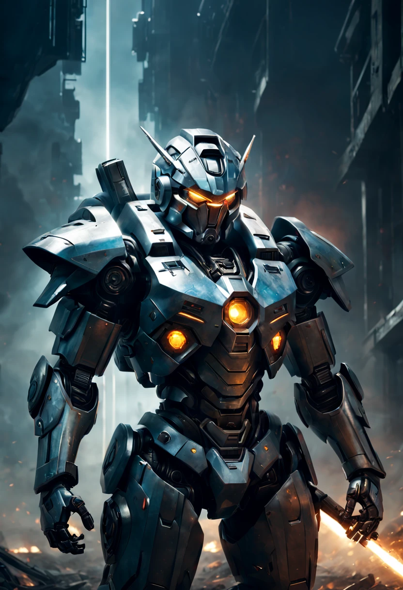 "A futuristic Mecha Warrior in a sci-fi battlefield, wearing a sleek, metallic armor with glowing LED lights. The warrior has a fierce expression and determined eyes, radiating confidence. The armor is highly detailed, with intricate mechanical parts and powerful weaponry. The battlefield is filled with debris and smoke, showcasing the aftermath of a fierce battle. The lighting is dramatic, with rays of sunlight piercing through the thick smoke, creating a contrast between light and shadow. The color palette is dominated by cool tones, enhancing the futuristic atmosphere. The artwork is of the highest quality, with ultra-detailed rendering and an emphasis on realistic textures. The final image should be a masterpiece, capturing the epicness and intensity of the Mecha Warrior's presence."