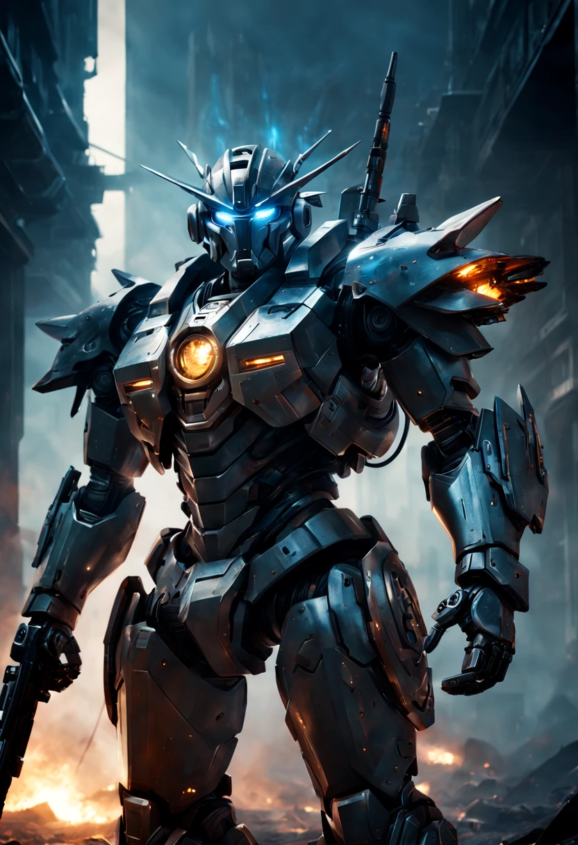 "A futuristic Mecha Warrior in a sci-fi battlefield, wearing a sleek, metallic armor with glowing LED lights. The warrior has a fierce expression and determined eyes, radiating confidence. The armor is highly detailed, with intricate mechanical parts and powerful weaponry. The battlefield is filled with debris and smoke, showcasing the aftermath of a fierce battle. The lighting is dramatic, with rays of sunlight piercing through the thick smoke, creating a contrast between light and shadow. The color palette is dominated by cool tones, enhancing the futuristic atmosphere. The artwork is of the highest quality, with ultra-detailed rendering and an emphasis on realistic textures. The final image should be a masterpiece, capturing the epicness and intensity of the Mecha Warrior's presence."