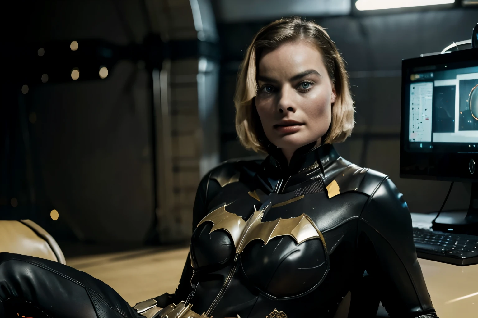 margot robbie, short blonde hair, batgirl suit, on the batcave, sitting on a chair front a computer, looking up, serious look, photorealistic portrait, dramatic, cinematic, overcast, high angle, 4k resoltion, hyperdetailed