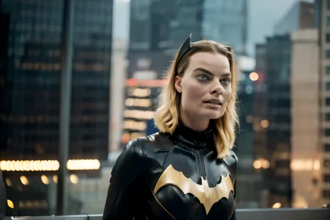 margot robbie, short blonde hair, batgirl suit, jumping on the air,  serious look, photorealistic portrait, dramatic, cinematic, overcast, full body, angle, 4k resoltion, hyperdetailed, dramatic scene