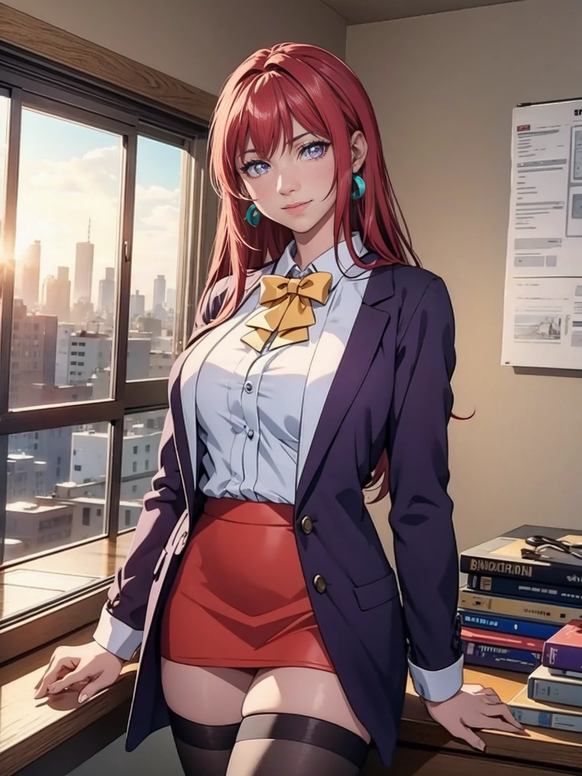 (high quality:1.2), intricate detailed, digital art, TakashiroHiroko, 1girl, mature female, solo, hand on hip, holding book, cowboy shot, looking at viewer, smile, blush, purple eyes, long hair, red hair, earrings, jewelry, teacher, blouse, bowtie, blazer, pencil skirt, thighhighs, curvy, large breasts, school, window, sky, sunlight, city, complex background, sunset,