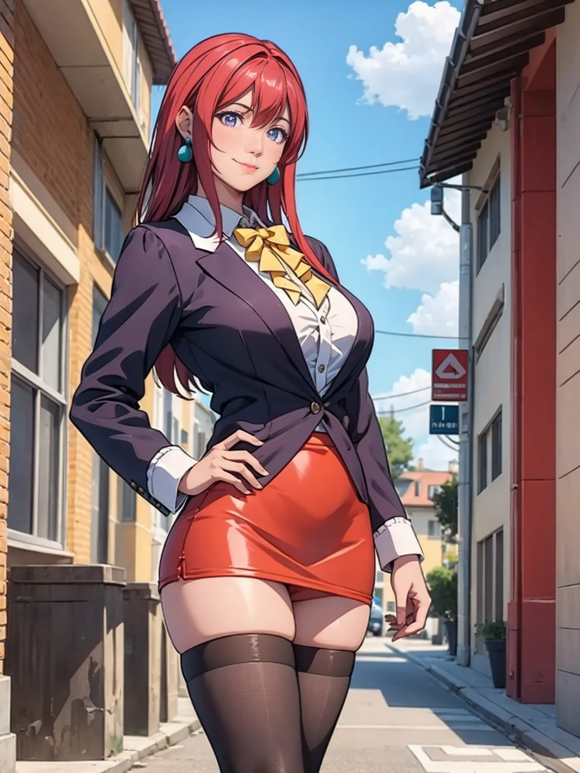 (high quality:1.2), intricate detailed, digital art, TakashiroHiroko, 1girl, mature female, solo, hand on hip, holding book, cowboy shot, looking at viewer, smile, blush, purple eyes, long hair, red hair, earrings, jewelry, teacher, blouse, bowtie, blazer, pencil skirt, thighhighs, curvy, large breasts, school, window, sky, sunlight, city, complex background, sunset,