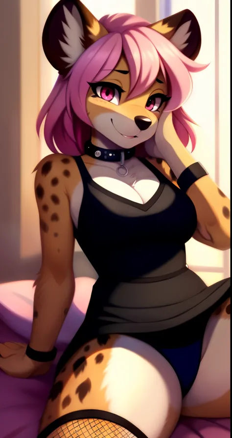Nervous smiling, uploaded the e621, beautiful and detailed, woman (((female))) ((anthro)) hyena, by waspsalad, by phluks, by zero-sum, cinematic lighting, hyena, (anthro, fluffy fur, character focus:1.1), 1girl, anthro hyena girl, body fur, curvy, sexy, ni...