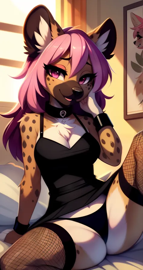 Nervous smiling, uploaded the e621, beautiful and detailed, woman (((female))) ((anthro)) hyena, by waspsalad, by phluks, by zero-sum, cinematic lighting, hyena, (anthro, fluffy fur, character focus:1.1), 1girl, anthro hyena girl, body fur, curvy, sexy, ni...
