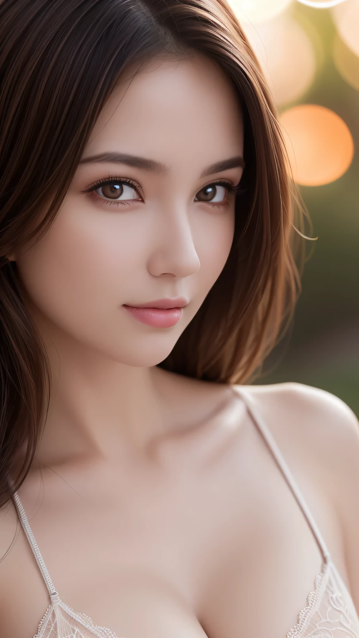 1 girl, (highest quality:1.4), (super detailed), (detailed light), (Highly detailed beautiful face), wonderful face and eyes, brown hair, brown eyes, Beautiful sheer lace details, beautiful breasts, nipple, Highly detailed CG integrated 8k wallpaper, High resolution raw color photos, professional photos, dynamic lighting, (((Bokeh))), Depth of bounds written,