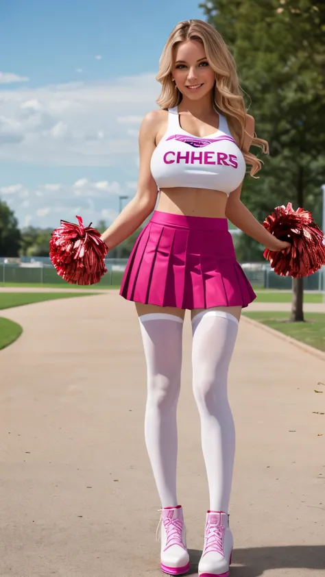 (a cheerleader), her team colors are white and pink, (huge breasts:1.2), (her cheerleader skirt is pleated and pink:1.1), (her cheerleader top is white), low wedge heel booties, long straight platinum-blonde hair covering one eye, (wearing shiny sheer brow...