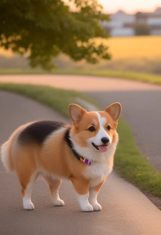 Feliz pequeno corgi，Squint your eyes at you，The expression doesn&#39;t like what you mean，，fotografia de perto，the sunset，80mm，f/1.8，graus de liberdade，Bokeh，profundidade de campos，subsurface scattering，Pontilhismo