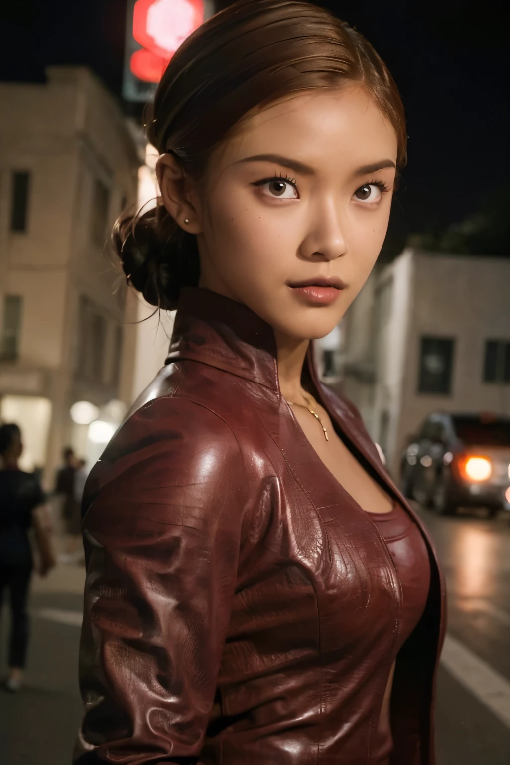 meilleure qualité, réaliste, point de vue avant, KristannaTX dans une rue de la ville de Los Angeles, (a female Indonesian Mannequin), (veste en cuir rouge vin:1.1), Sourire séduisant, (cheveux foncés), (chignons:1.0), yeux parfaits, détails nets, visage détaillé, maquillage du visage, les joues rougissent, eye-liner, fards à paupières, brillant à lèvres, Mannequin, (concentration profonde), (éclairage dur), (la nuit), (réaliste lighting:1.0)