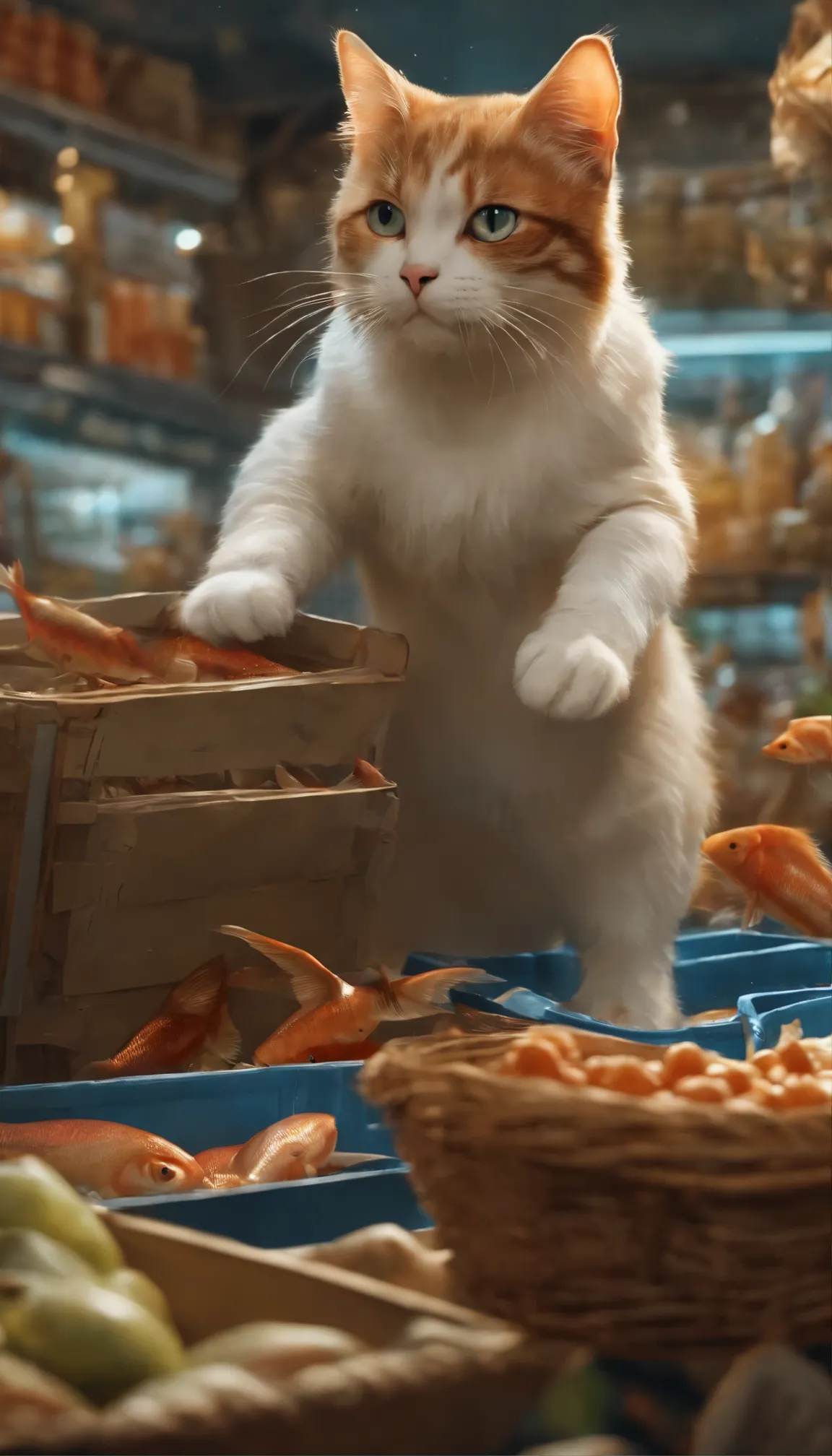 cat&#39;s eyes, Muscular cat, white shirt, overalls, supermarket, Inside the store, Add fish and steal the fleeing fish, by Kenket, (sharp focus, masterpiece, 8K, intricate artwork, very detailed, high detail)