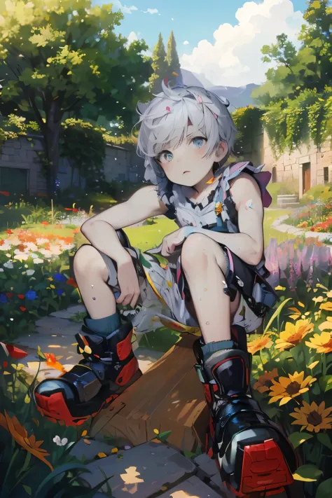 (4K), Little boy with white hair and bare feet and tiny little feet in white clothes, he is sitting in a flower field, covered w...