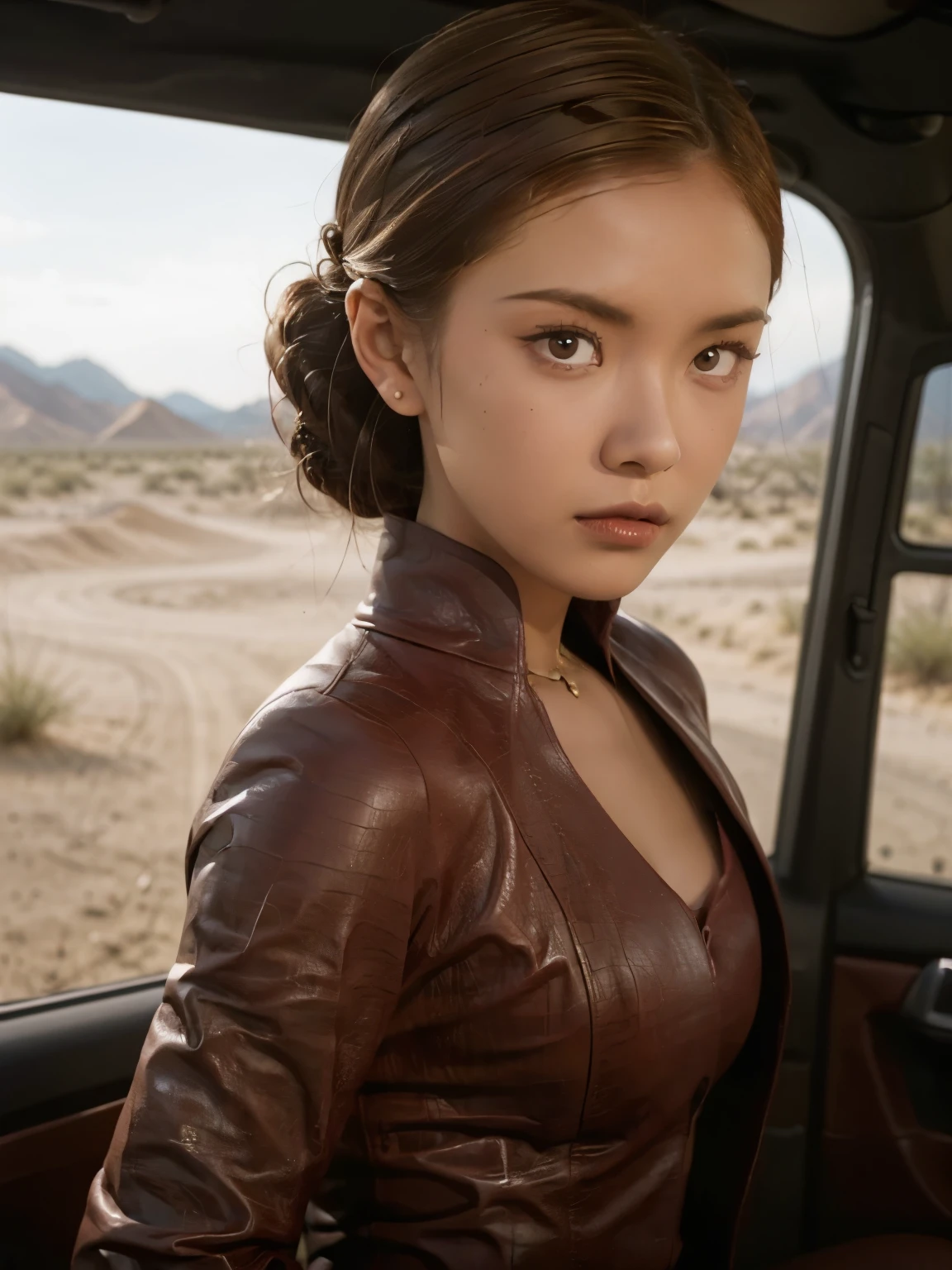 best quality, realistic, front pov, KristannaTX in a desert, (a female Indonesian supermodel), (wine red leather jacket:1.1), expressionless, (dark hair), (updo hair:1.0), perfect eyes, sharp details, detailed face, face makeup, cheeks blush, eyeliner, eyeshadows, lip gloss, (desert), (detailed environment:1.1), (deep focus), (cinematic), (daytime), (noon), (clear lighting:1.0)