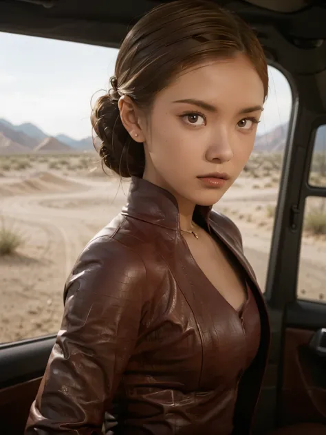 best quality, realistic, front pov, KristannaTX in a desert, (a female Indonesian supermodel), (wine red leather jacket:1.1), ex...