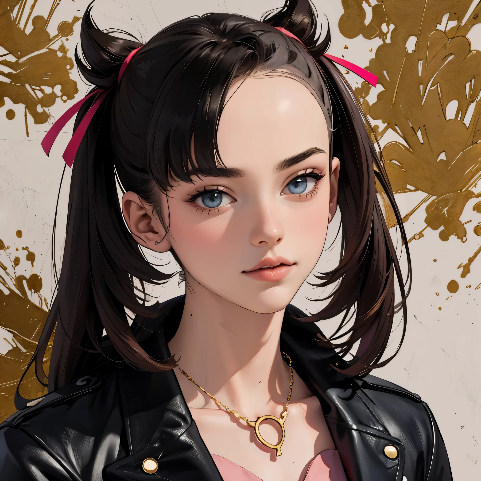 marnie, (masterpiece, top quality, best quality, official art, beautiful and aesthetic:1.2), (1girl), extreme detailed,colorful,highest detailed, official art, unity 8k wallpaper, ultra detailed, beautiful and aesthetic, beautiful, masterpiece, best quality, (pink dress, leather jacket, pink rimbbo, pink ribbon in hair, black necklace) ,holy light,gold foil,gold leaf art,glitter drawing, PerfectNwsjMajic