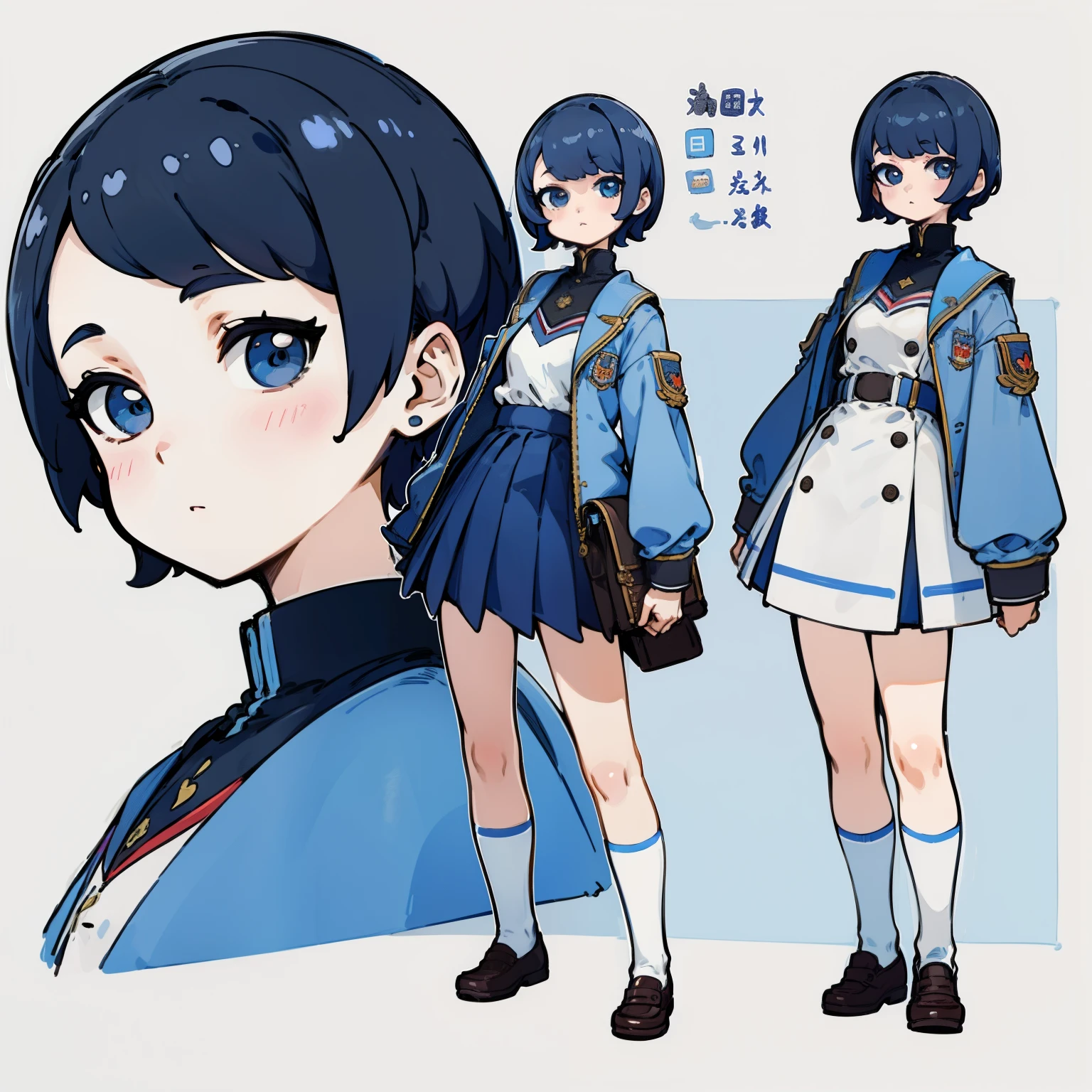 character design, short hair, character sheet, portrait, student uniform, character full body, character design, full body character, a close up of a person in a skirt and jacket