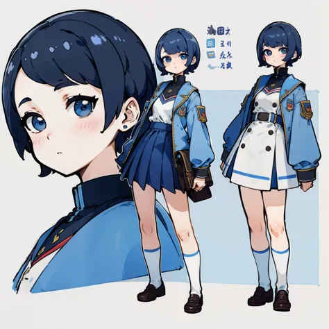 character design, short hair, character sheet, portrait, student uniform, character full body, character design, full body chara...