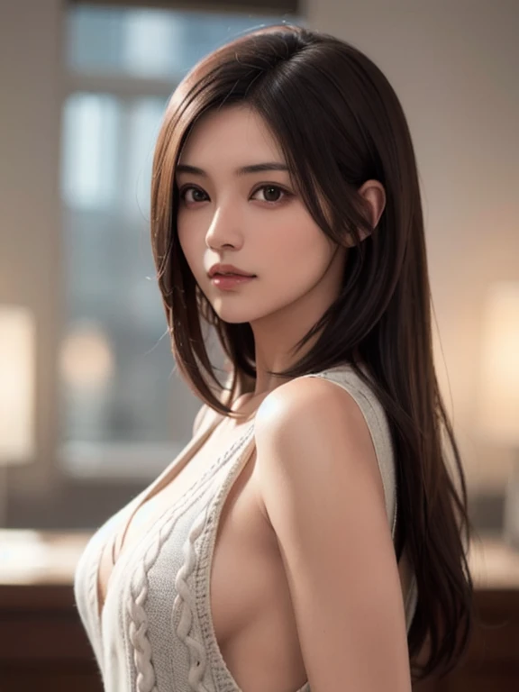 Photorealistic, masutepiece, Best Quality, Raw photo, selfee、1girl in, Solo, Long hair, Brown hair, Detailed face, alluring face, (Sweater that kills virgins,sleeveless,cleavage cutout :1.1), medium breasts,sideboob, Dynamic Pose, (Looking at Viewer, front view:1.0), Detailed background, fine detailed, intricate detailes,  Ray tracing, depth of fields, lowkey, nffsw