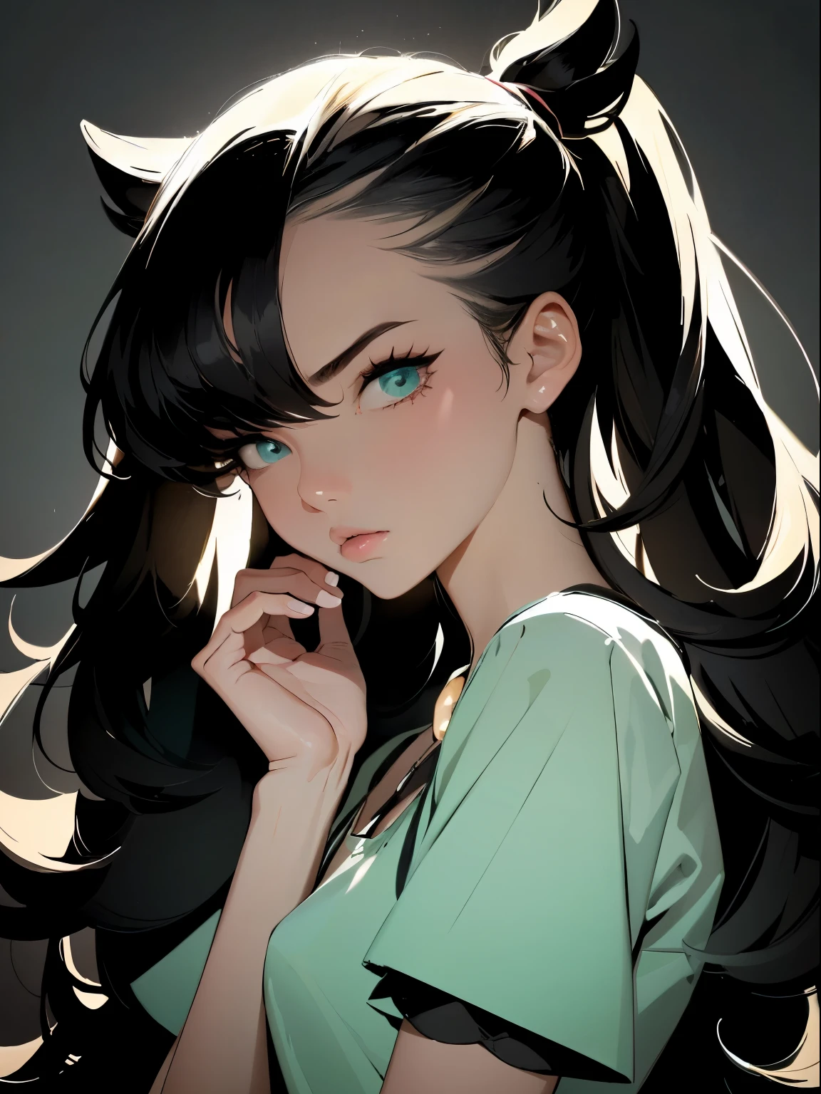 An exquisite masterpiece of top quality and high resolution featuring Marnie. Big sleepy eyes, Aqua eyes、Glowing under the dim light. black hair, much hair, Hair with volume, messy hair, only head and shoulders, magazine style, pink top, russian woman, adult woman, looking at the viewer, frontal, hyperrealistic.