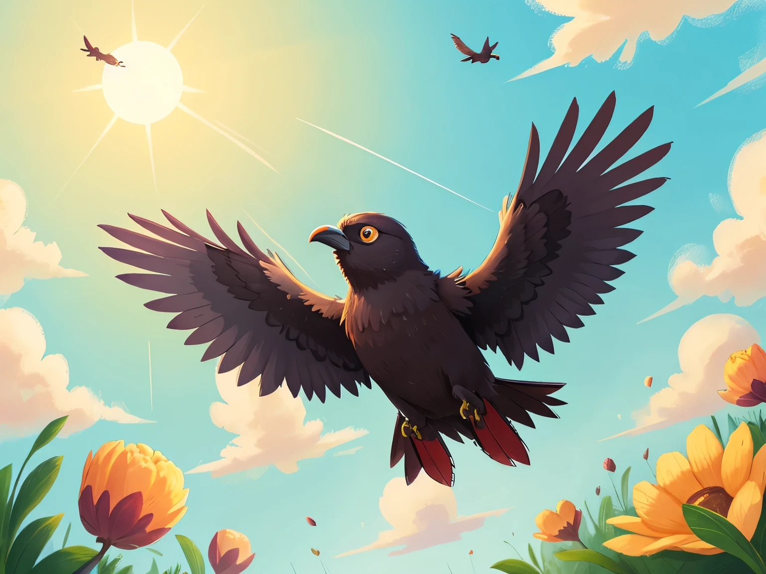 a flying crow，close up，sun，Sky，illustration，detail，high quality，HD