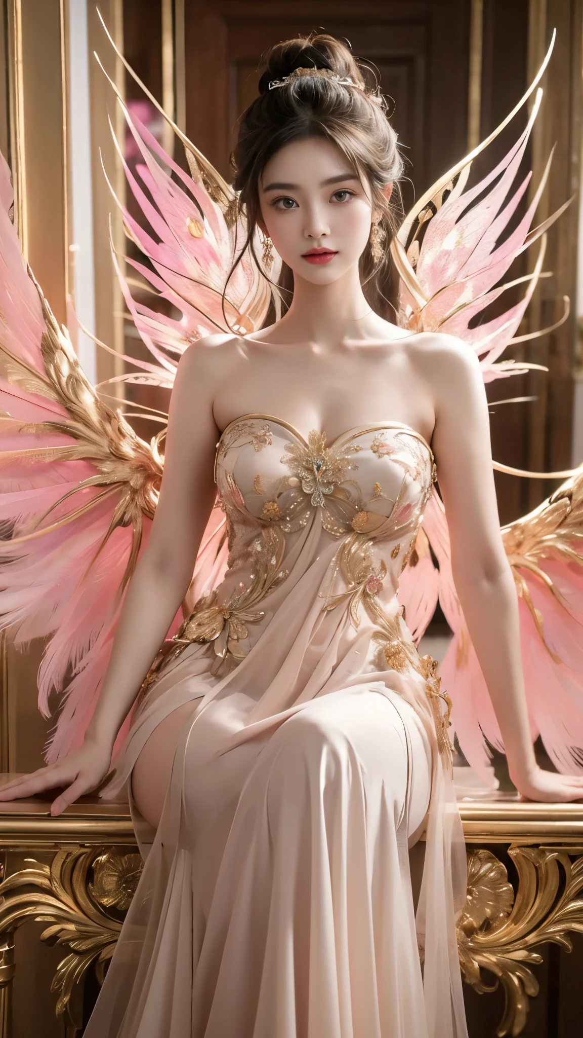 lifu, lifu,strapless dress,feathered wings,pink wings, (masterpiece, best quality:1.2), 1 girl, alone, In the depths of Wonderland，The moonlight falls like water，foggy room，The figure of the heroine is vaguely visible，Just like the fairy in the painting，Slender sexy legs，very nice legs，Show sexy legs，big breasts，美丽而又带着一丝mystery的色彩。Her face is beautiful and delicate，Like finely carved jade，Showing otherworldly beauty。The eyebrows are picturesque，Show the light of perseverance and wisdom。The bridge of the nose is straight，Lip color like cherry，The slightly raised corners of the mouth reveal confidence and calmness。Her face is well defined，The skin is as fair as jade，Reveals a healthy glow，Just like fairies, Makeup is light and delicate，Temperament and charm。Light-colored foundation brings out the transparency of the skin，A light eyebrow pencil outlines her perfect eyebrow shape，Eye makeup is eye shadow and eyeliner，Make her eyes brighter and more energetic。嘴唇涂上grace的口红，Adds a bit of charm and sophistication。grace，Her hair is tied back casually，Secure it with a hosta，A few strands of hair flutter gently in the wind，Adds a bit of softness。Beautiful landscape，Attracted everyone&#39;s attention。big breasts美丽、grace、mystery