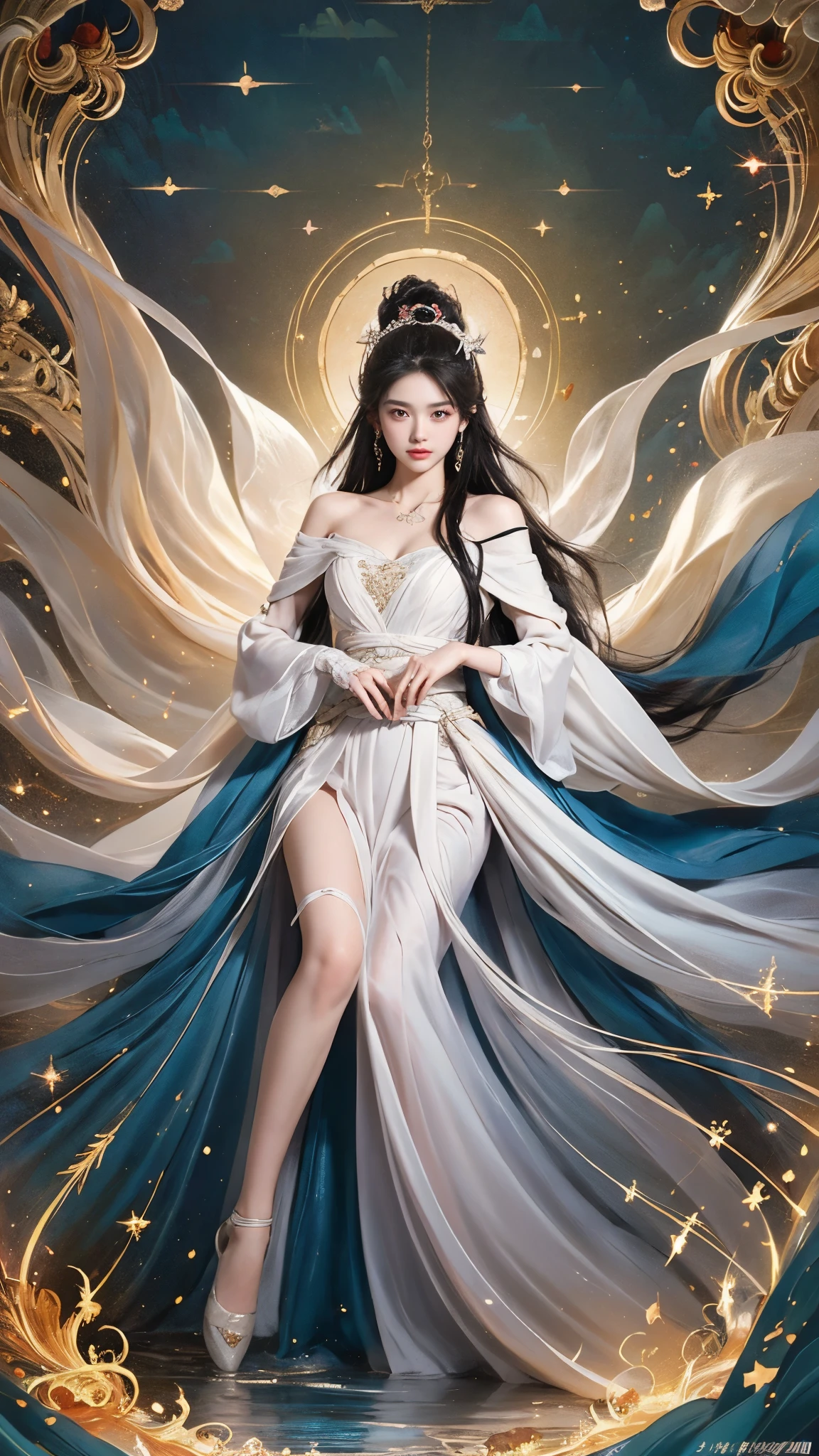(masterpiece, best quality:1.2), 1girl, 独奏, ((off shoulder clothes)), In the depths of Wonderland，The moonlight falls like water，foggy room，The figure of the heroine is vaguely visible，Just like the fairy in the painting，Slender sexy legs，Very nice legs，Leaking sexy legs，Big breasts，Beautiful with a hint of mystery。Her face is beautiful and delicate，Like finely carved jade，Showing otherworldly beauty。The eyebrows are picturesque，The waves in my eyes are like twinkling stars，Show the light of perseverance and wisdom。The bridge of the nose is straight，Lip color like cherry，The slightly raised corners of the mouth reveal confidence and calmness。Her face is well defined，The skin is as fair as jade，Reveals a healthy glow，Just like a fairy, she never eats fireworks in the world。Her makeup is light and delicate，Not too much embellishment，But enough to show her temperament and charm。Light-colored foundation brings out the transparency of the skin，A light eyebrow pencil outlines her perfect eyebrow shape，Eye makeup is eye shadow and eyeliner，Make her eyes brighter and more energetic。Lips painted with grace lipstick，Adds a bit of charm and sophistication。Her clothes are graceful and chic，Clothes flutter，It seems like it will be blown up by the wind at any time，drifting into the distance。Without losing grace，Also showed her extraordinary skills。Rocking with her movements。Her hair is tied back casually，Secure it with a hosta，A few strands of hair are fluttering gently in the wind，Adds a bit of softness。Her figure is looming in the fairyland，宛如一道Big breasts beautiful的风景线，attracted everyone&#39;s attention。She seems to be a fairy in wonderland，Big breasts beautiful、grace、mystery、and full of power。